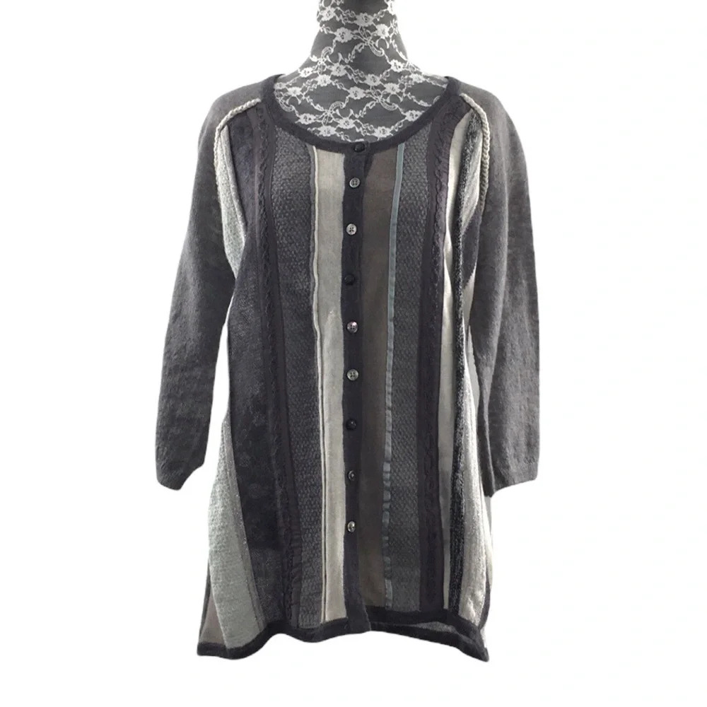 J. Jill Gray Blue Striped Knit Cardigan Sweater Womens Medium Wool Mohair Blend‎